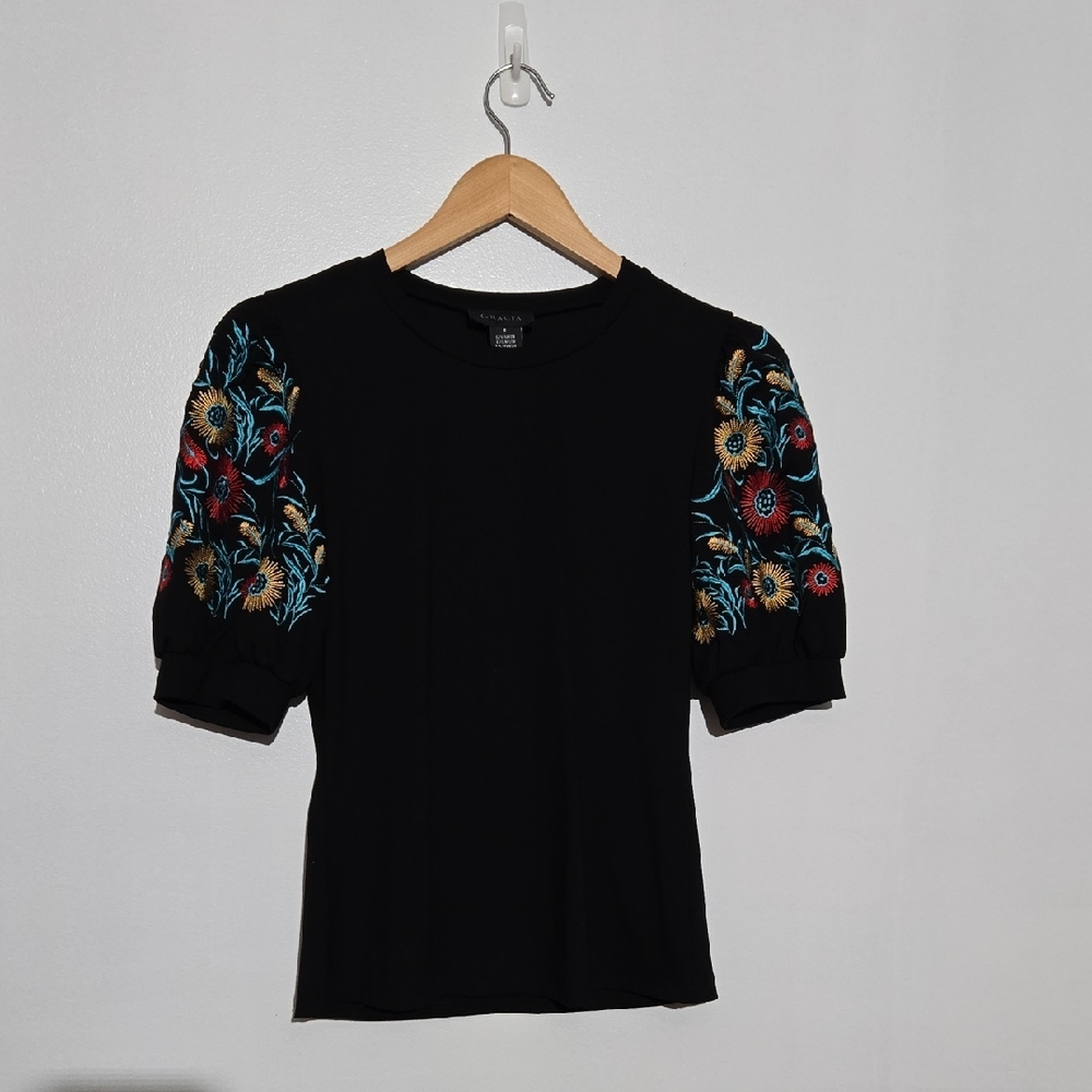 Gracia Black Blouse with Colorful Embroidered Sleeves Size S